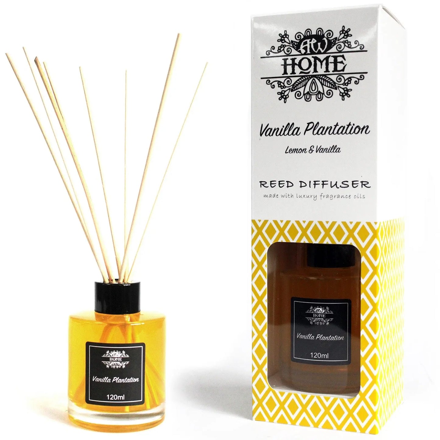 "120ml Reed Diffuser Vanilla Plantation Home lemon and vanilla scent with golden glass bottle, natural reed sticks, and yellow geometric gift box"