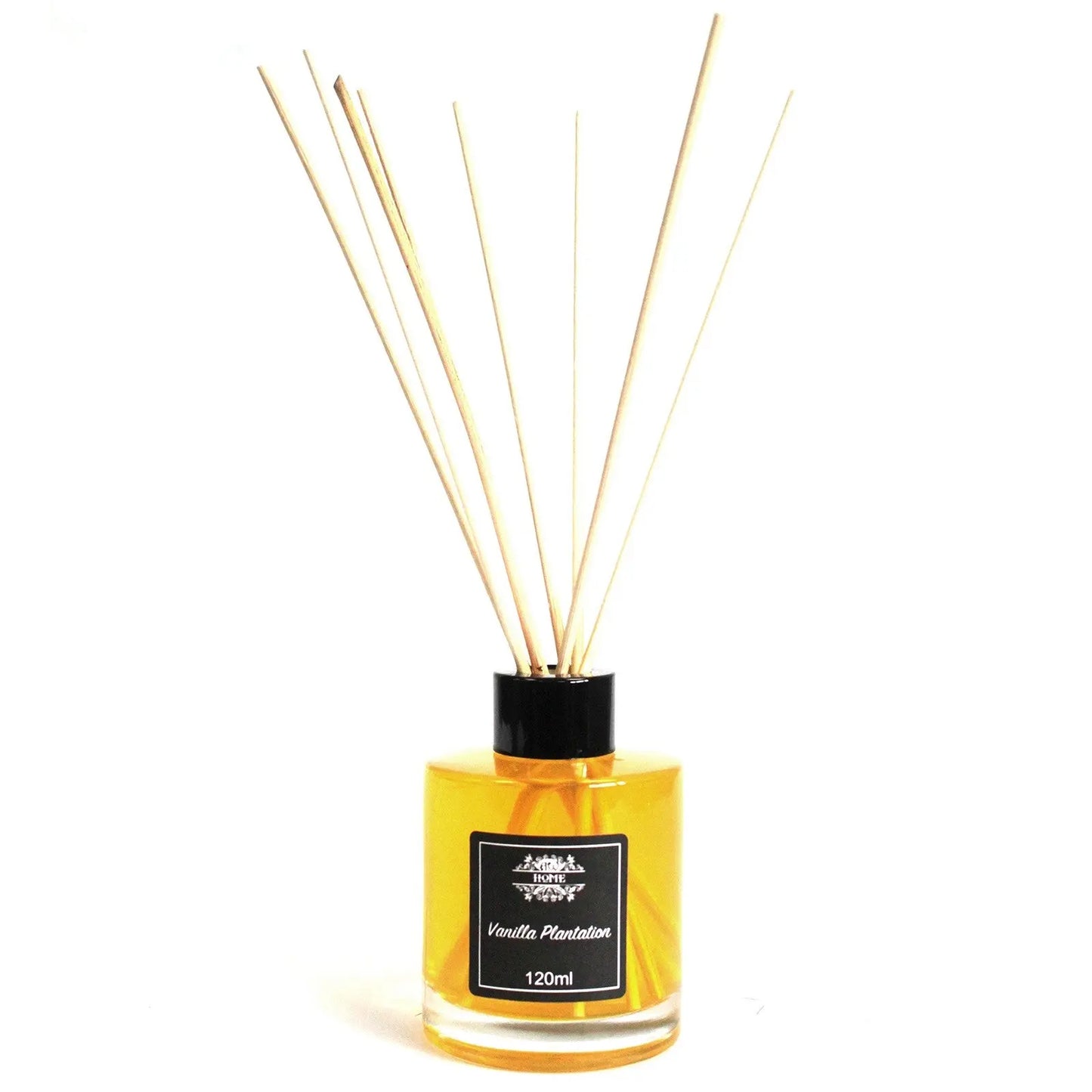 "120ml Reed Diffuser Vanilla Plantation in golden glass bottle with black cap and natural reed sticks"