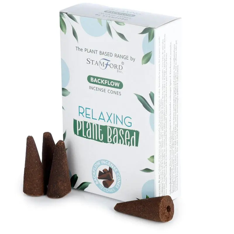 "Plant Based Backflow Incense Cones Relaxing by Stamford Inc with white botanical packaging featuring soft blue circles and green leaf design, displayed with natural brown backflow incense cones"
