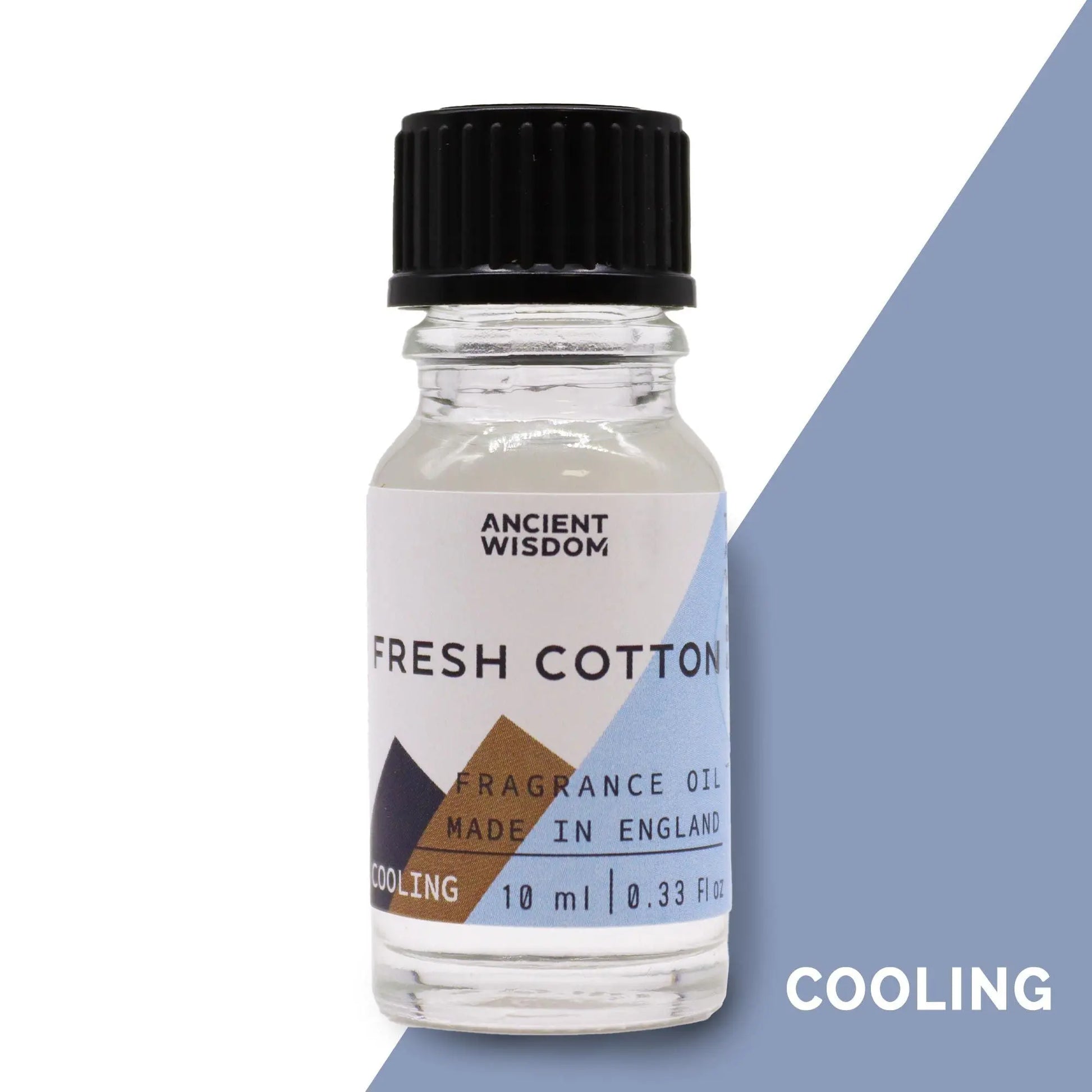 "Fresh Cotton Fragrance Oil 10ml Ancient Wisdom in clear glass bottle with black cap on blue gradient background with COOLING text overlay"