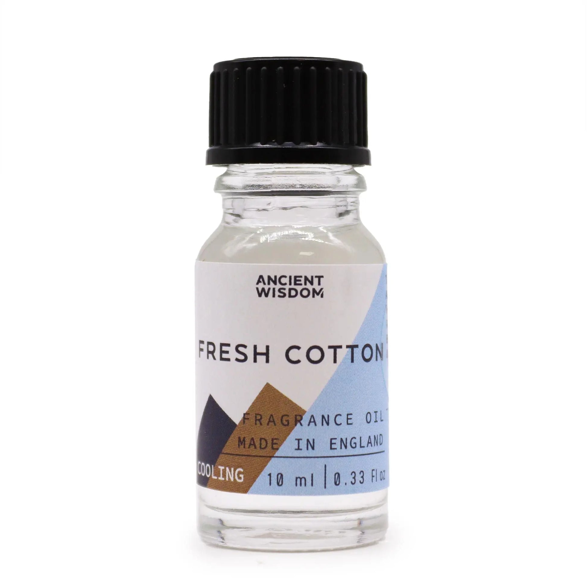 "Fresh Cotton Fragrance Oil 10ml Ancient Wisdom in clear glass bottle with black tamper-evident cap and geometric label design"