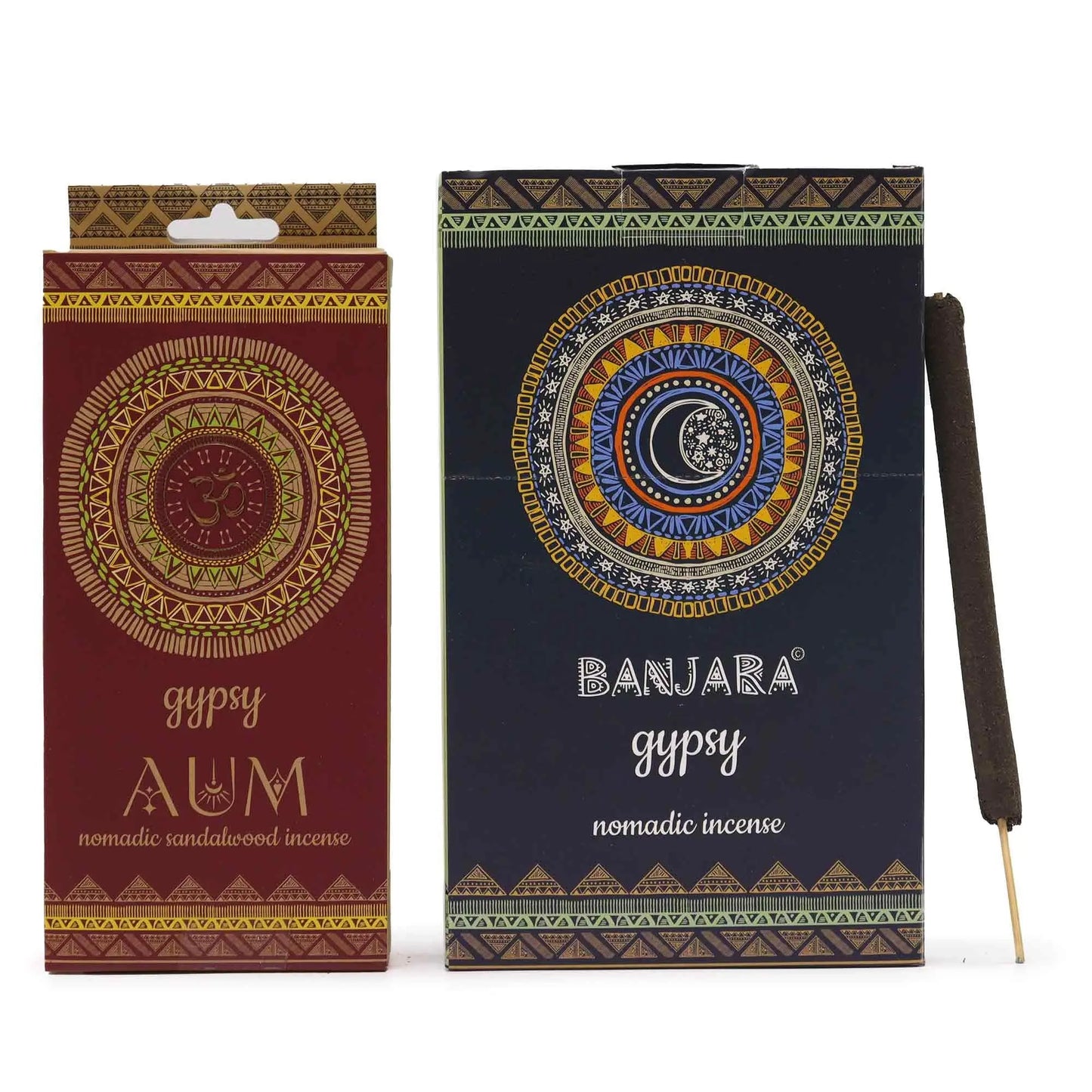 "Gypsy Nomadic Incense AUM sandalwood variety in burgundy packaging with golden Om mandala design, tribal patterns, and natural incense stick displayed alongside"