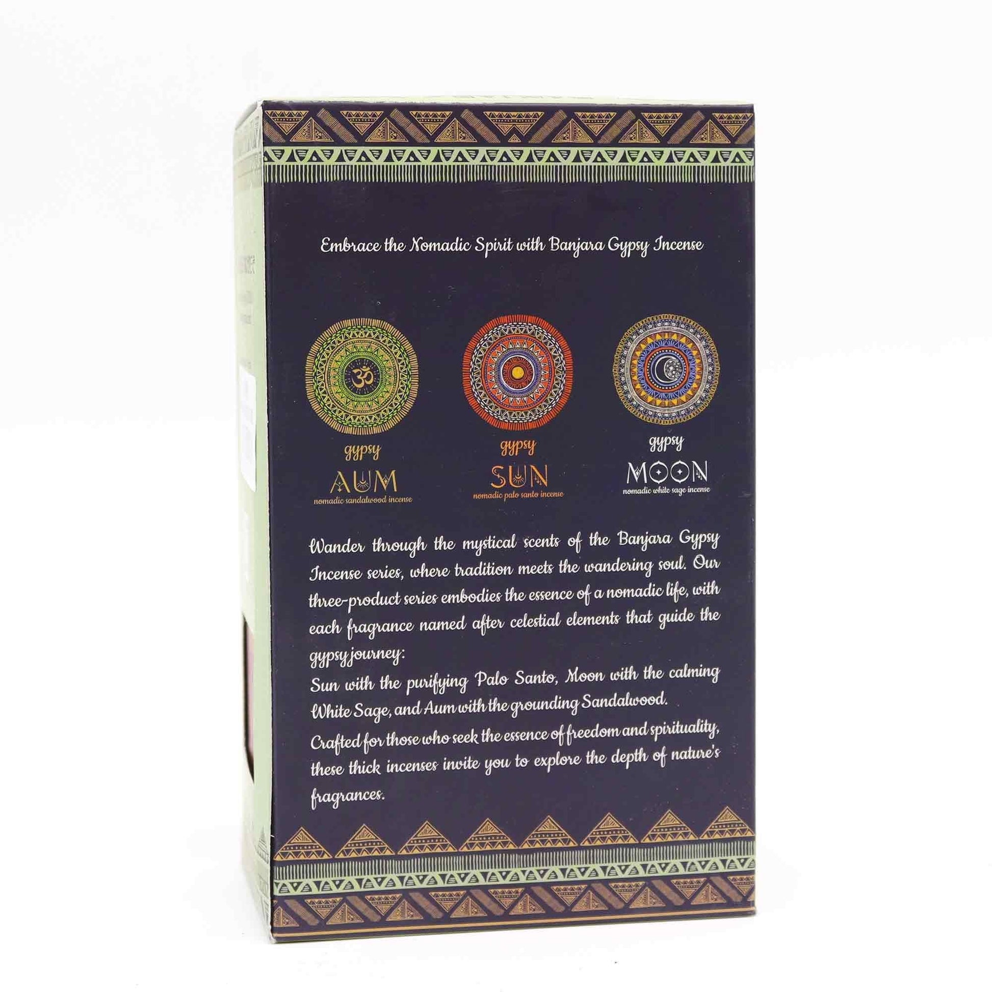"Banjara Gypsy Nomadic Incense collection back packaging showing three celestial mandalas for AUM, SUN, and MOON varieties with detailed description of nomadic spiritual journey and tribal border patterns"