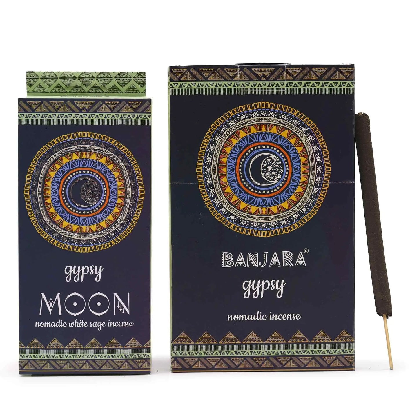 "Gypsy Nomadic Incense MOON white sage variety in dark packaging with intricate golden moon mandala design, tribal patterns, and natural incense stick displayed alongside"