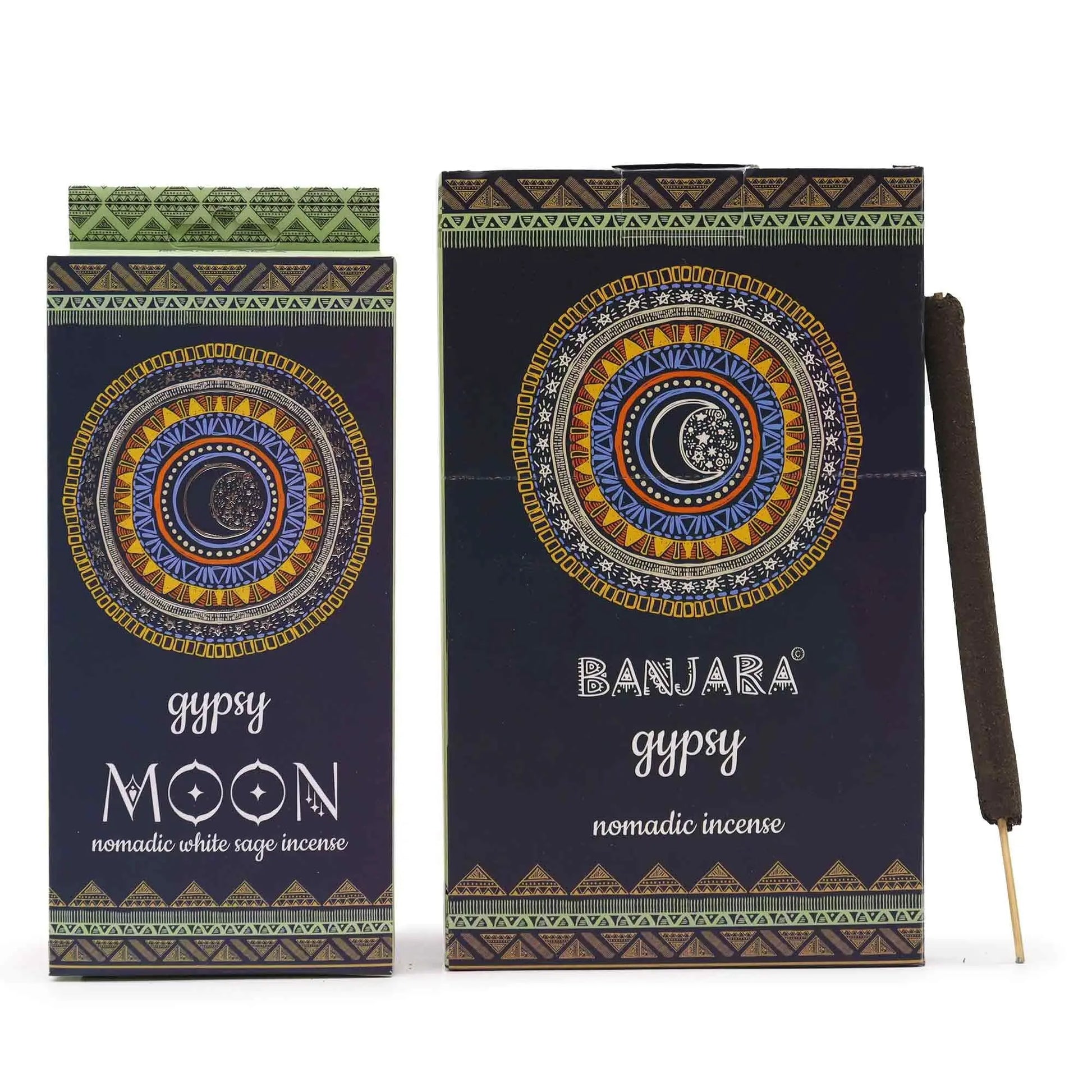 "Gypsy Nomadic Incense MOON white sage variety in dark packaging with intricate golden moon mandala design, tribal patterns, and natural incense stick displayed alongside"