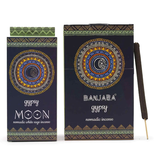 "Gypsy Nomadic Incense MOON white sage variety in dark packaging with intricate golden moon mandala design, tribal patterns, and natural incense stick displayed alongside"