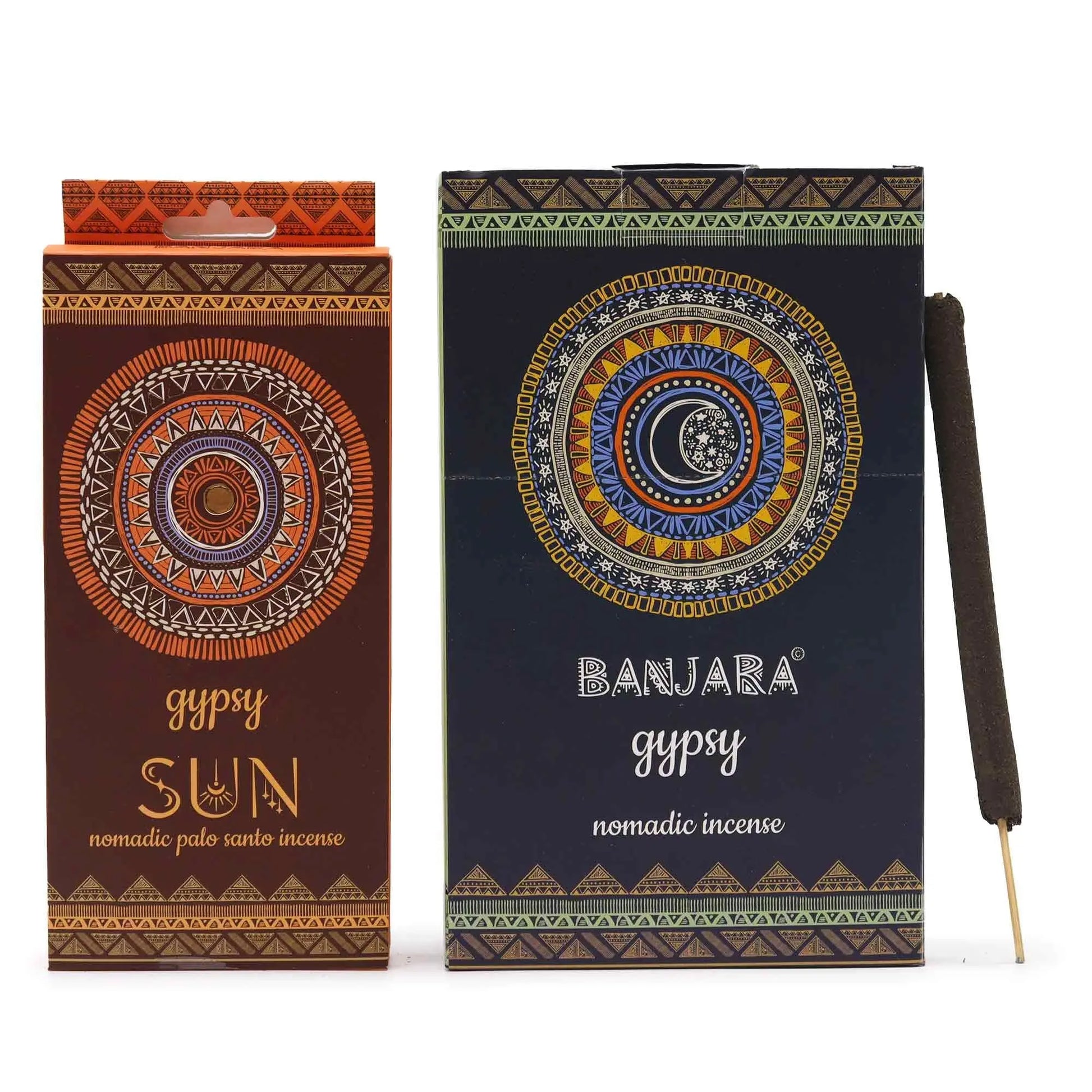 "Gypsy Nomadic Incense SUN palo santo variety in orange and brown packaging with intricate golden sun mandala design, tribal patterns, and natural incense stick displayed alongside"