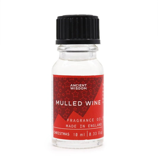 "Mulled Wine Fragrance Oil 10ml Ancient Wisdom in clear glass bottle with black cap and red Christmas-themed label featuring star pattern"