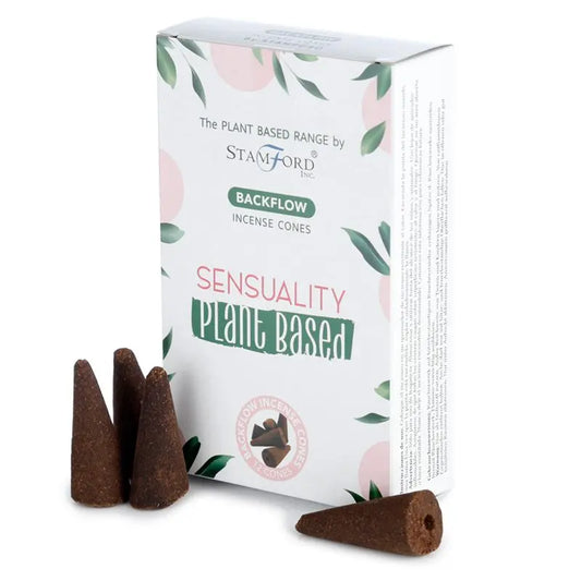 "Plant Based Backflow Incense Cones Sensuality by Stamford Inc with white botanical packaging featuring pink and green leaf design, displayed with natural brown backflow incense cones"