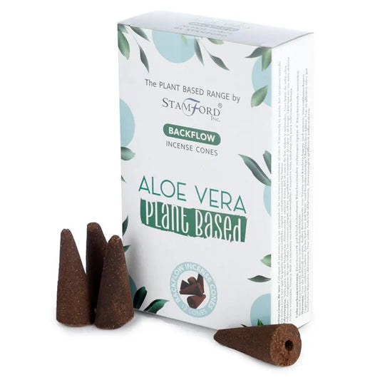 "Plant Based Backflow Incense Cones Aloe Vera by Stamford Inc with white botanical packaging featuring soft aqua circles and green leaf design, displayed with natural brown backflow incense cones"