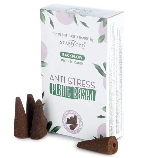 "Plant Based Backflow Incense Cones Anti Stress by Stamford Inc with white botanical packaging featuring soft lavender circles and green leaf design, displayed with natural brown backflow incense cones"