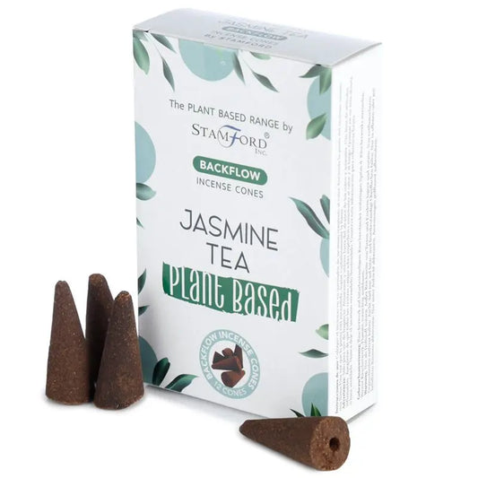 "Plant Based Backflow Incense Cones Jasmine Tea by Stamford Inc with white botanical packaging featuring mint green circles and green leaf design, displayed with natural brown backflow incense cones"