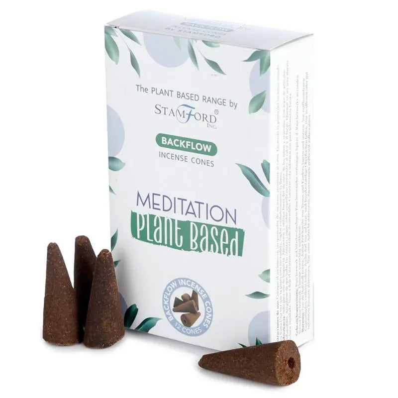 "Plant Based Backflow Incense Cones Meditation by Stamford Inc with white botanical packaging featuring blue circles and green leaf design, displayed with natural brown backflow incense cones"