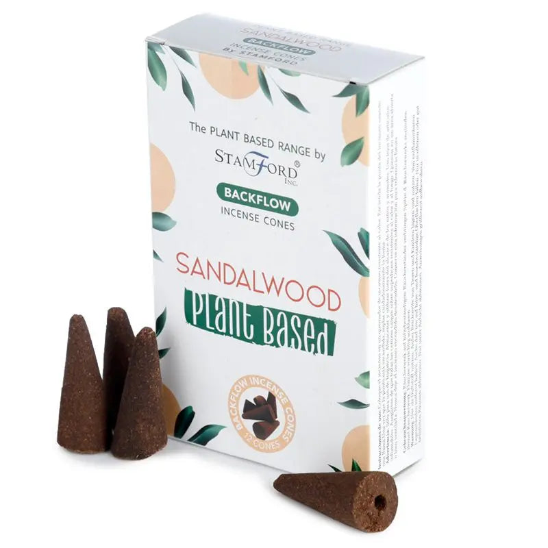 "Plant Based Backflow Incense Cones Sandalwood by Stamford Inc with white botanical packaging featuring peach and green leaf design, displayed with natural brown backflow incense cones"
