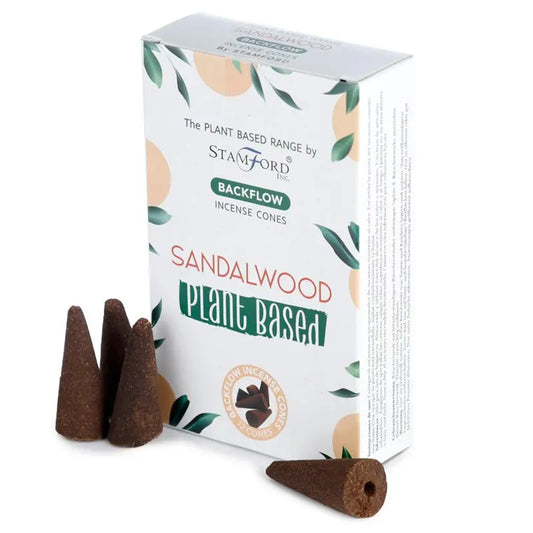"Plant Based Backflow Incense Cones Sandalwood by Stamford Inc with white botanical packaging featuring peach and green leaf design, displayed with natural brown backflow incense cones"