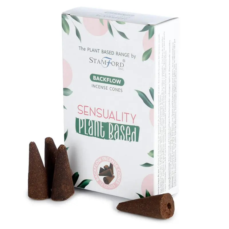 "Plant Based Backflow Incense Cones Sensuality by Stamford Inc with white botanical packaging featuring soft pink circles and green leaf design, displayed with natural brown backflow incense cones"
