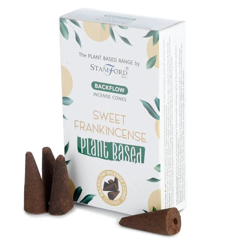 "Plant Based Backflow Incense Cones Sweet Frankincense by Stamford Inc with white botanical packaging featuring soft golden circles and green leaf design, displayed with natural brown backflow incense cones"