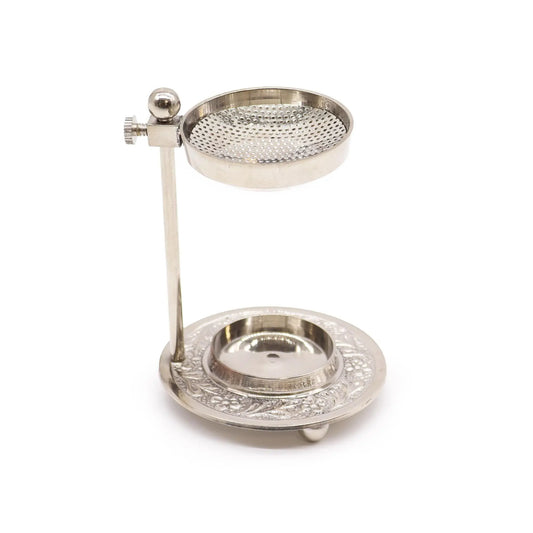  "Plated Brass Resin Incense Warmer Adjustable in silver chrome finish with ornate decorative base, adjustable arm, and perforated screen for resin burning"