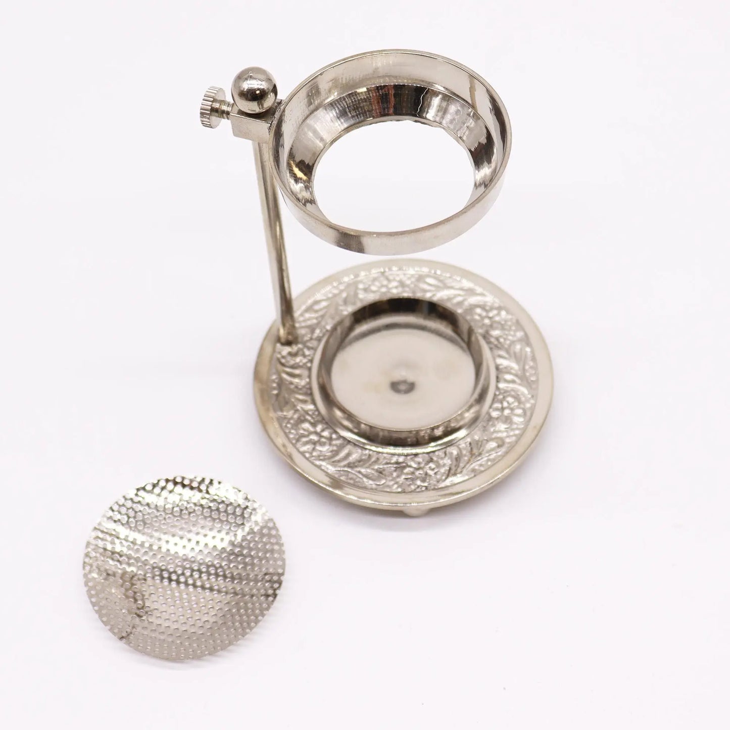 "Plated Brass Resin Incense Warmer Adjustable with chrome finish showing ornate base, adjustable bowl arm, and separate perforated mesh disc for resin incense"