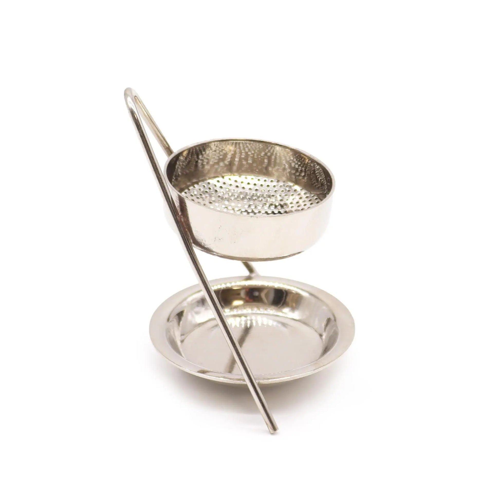 "Plated Brass Resin Incense Warmer Fixed showing perforated screen positioned in upper bowl with curved handle and lower chrome candle dish"