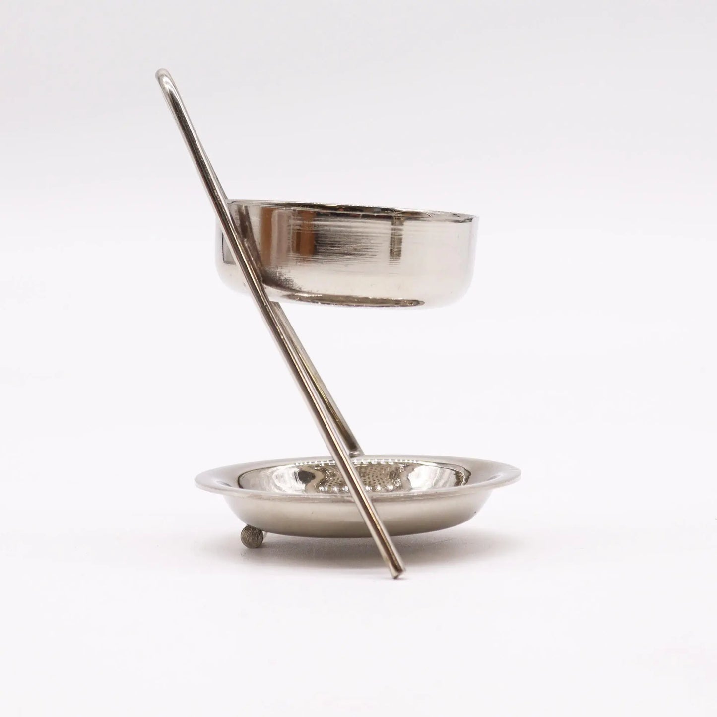 "Plated Brass Resin Incense Warmer Fixed side view showing elegant curved handle, chrome two-tier construction, and candle dish with decorative beaded rim"