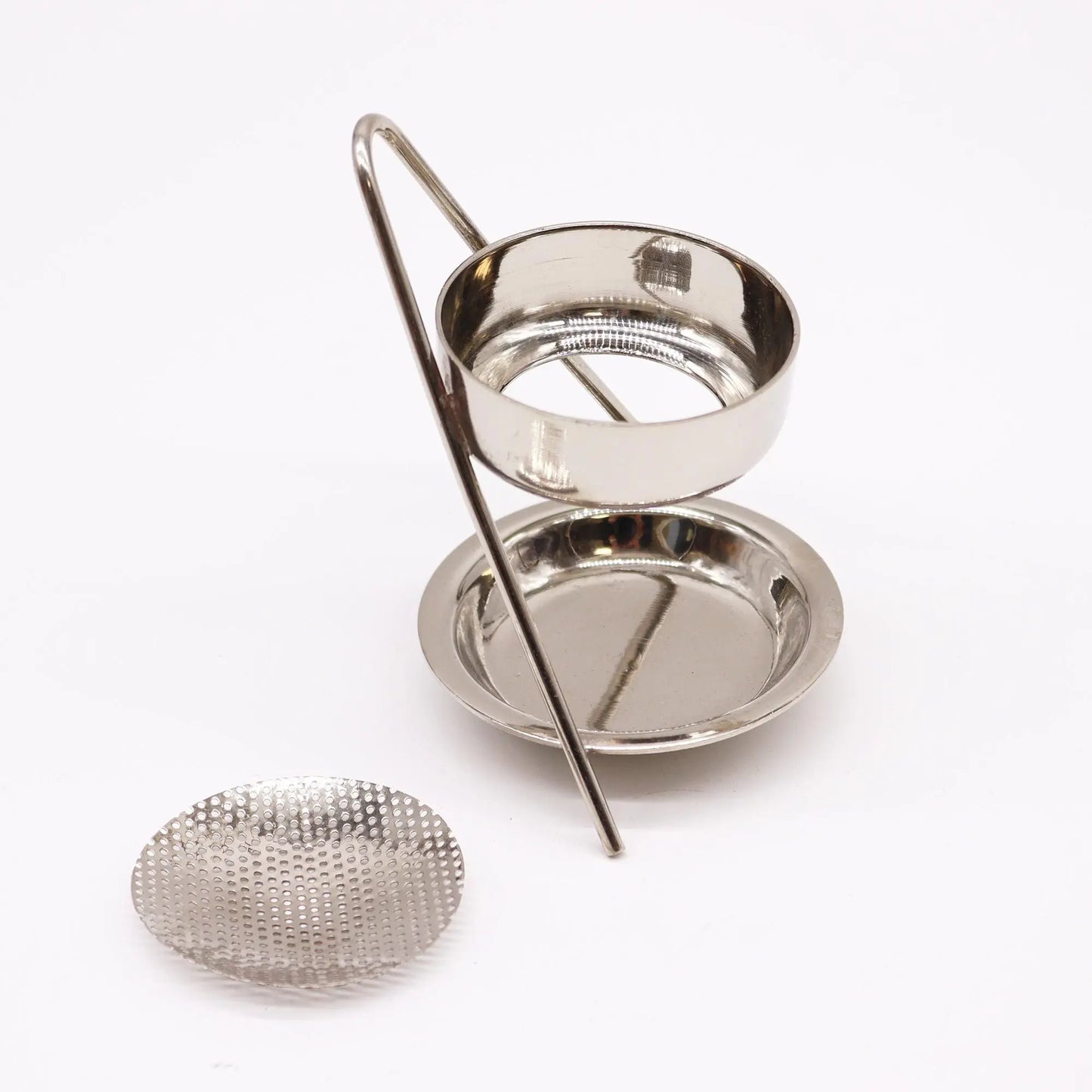 "Plated Brass Resin Incense Warmer Fixed in silver chrome finish with two-tier design, curved handle, and separate perforated screen disc for resin burning"