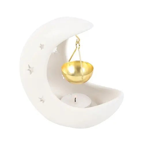 White Crescent Moon Hanging Oil Burner with Gold Dish Gentleblushes
