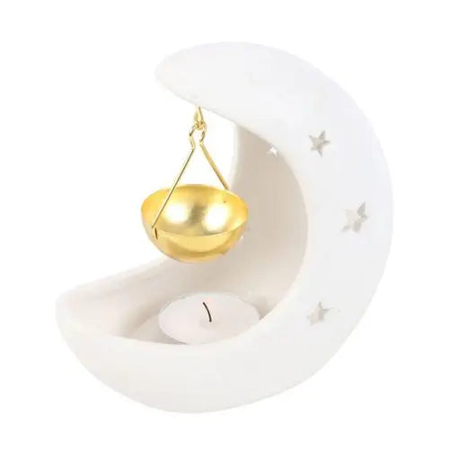 White Crescent Moon Hanging Oil Burner with Gold Dish Gentleblushes
