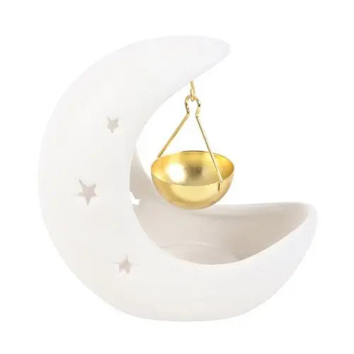 White Crescent Moon Hanging Oil Burner with Gold Dish Gentleblushes