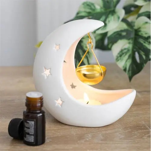 White Crescent Moon Hanging Oil Burner with Gold Dish Gentleblushes