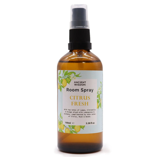  "Citrus Fresh Room Spray 100ml Ancient Wisdom amber bottle showing detailed label with lemon, citronella, orange, lemongrass, verbena, citrus, musk and woods fragrance notes"