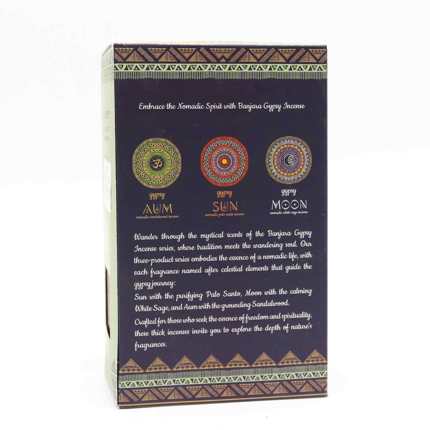 "Gypsy Nomadic Incense collection back packaging showing three celestial mandalas for AUM, SUN, and MOON varieties with detailed description of nomadic spiritual journey and tribal border patterns"