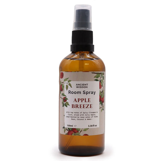 "Apple Breeze Room Spray 100ml Ancient Wisdom amber bottle showing detailed label with spicy cinnamon, clove, juicy apple, tonka bean, coconut and amber fragrance notes"