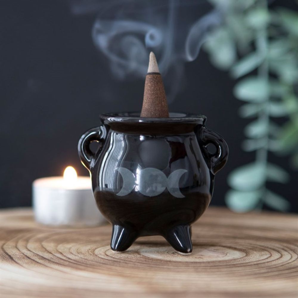 Triple Moon Cauldron Ceramic Incense Holder